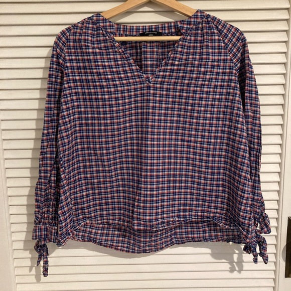 Madewell Tie Sleeve Plaid Long Sleeve Shirt Size M in Blue and Red - Picture 2 of 5